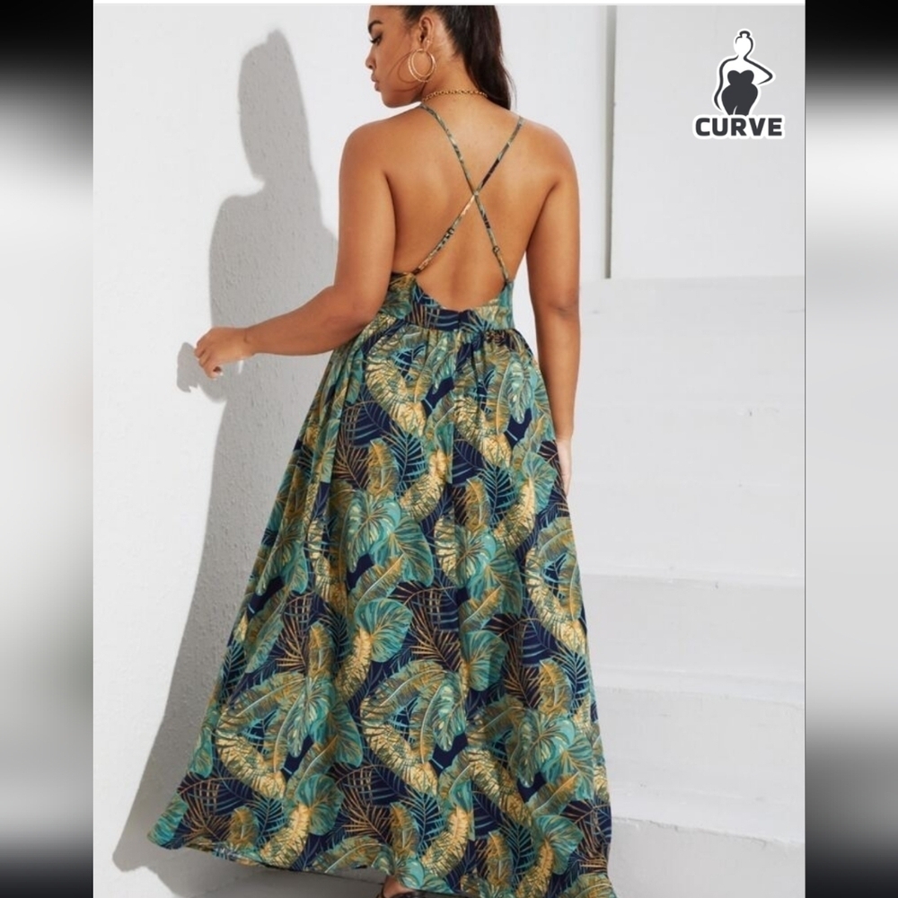 SHEIN Blue and Green Plunge Neck Sleeveless Maxi Sundress Size 1XL - Picture 2 of 15